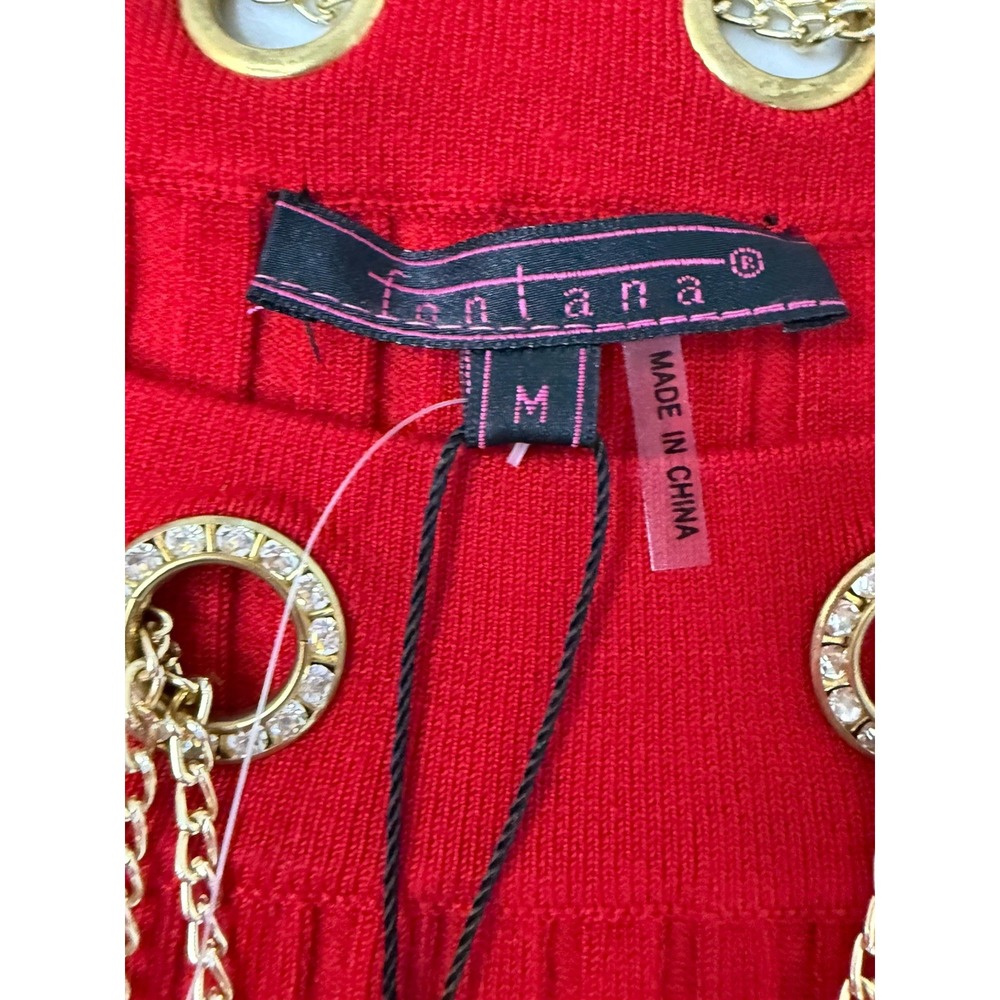 Rare Fontana Rhinestone Neck Sleeves Gold Necklace Ribbed Sweater Size M NWT - Picture 6 of 9